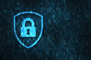 Virtual lock in front of a blue background with binary codes.
